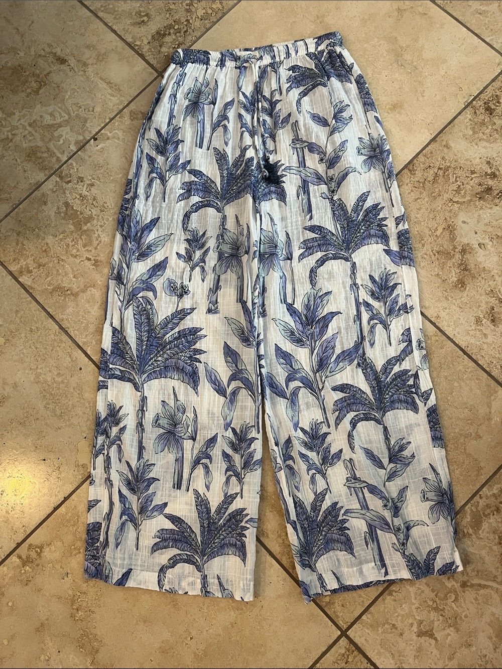 Blue Island Floral Wide-Leg Drawstring Pants XS